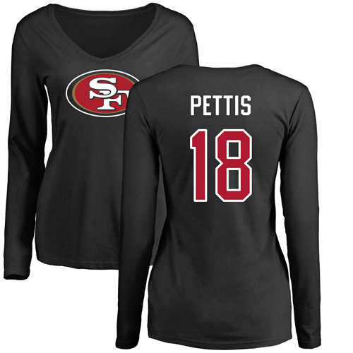 San Francisco 49ers Black Women Dante Pettis Name and Number Logo #18 Long Sleeve NFL T Shirt->nfl t-shirts->Sports Accessory
